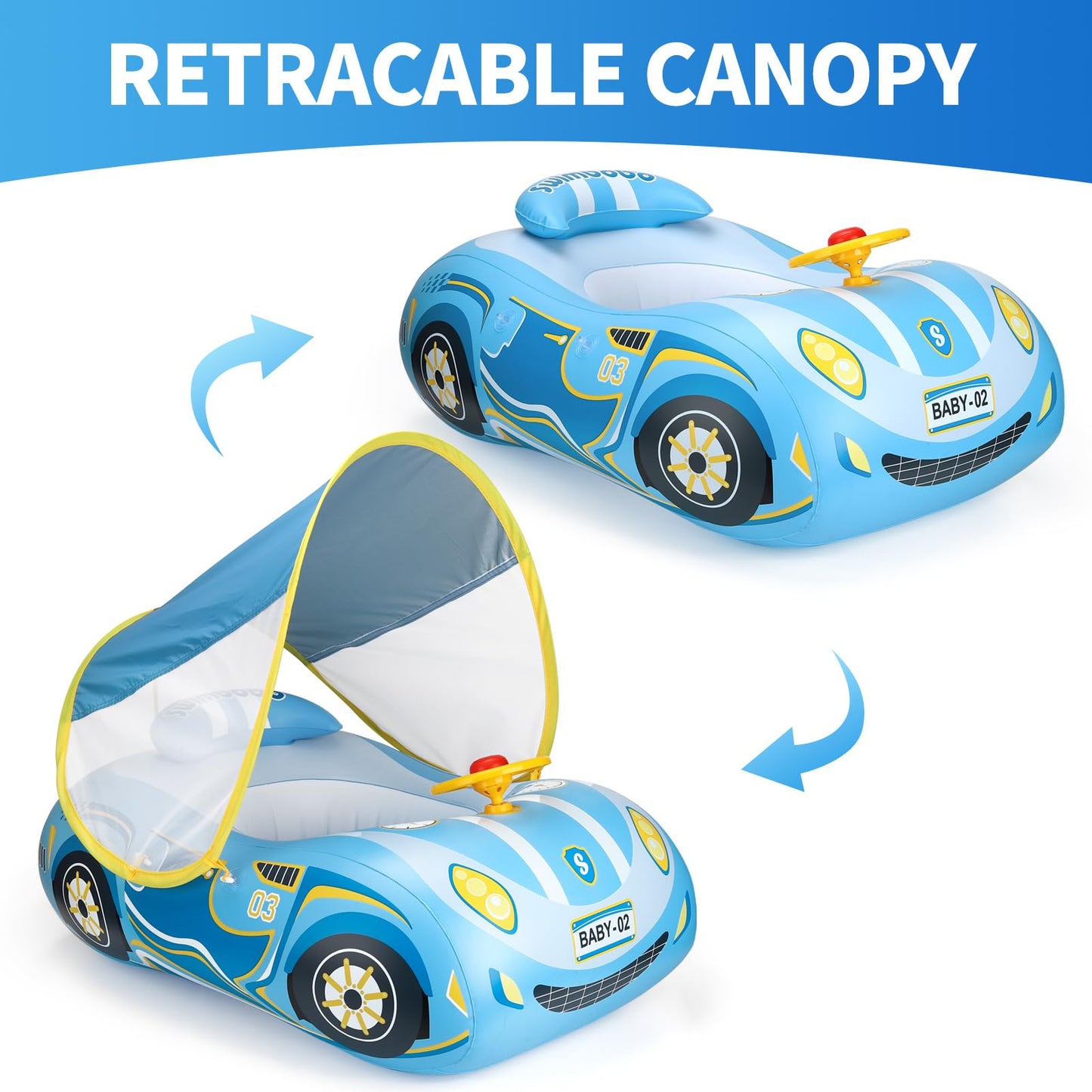 Swimbobo Toddler Pool Float - Inflatable Car with Adjustable Sun Canopy, Safety Seat, for Kids 1-4 Years Old, Blue Sports Car