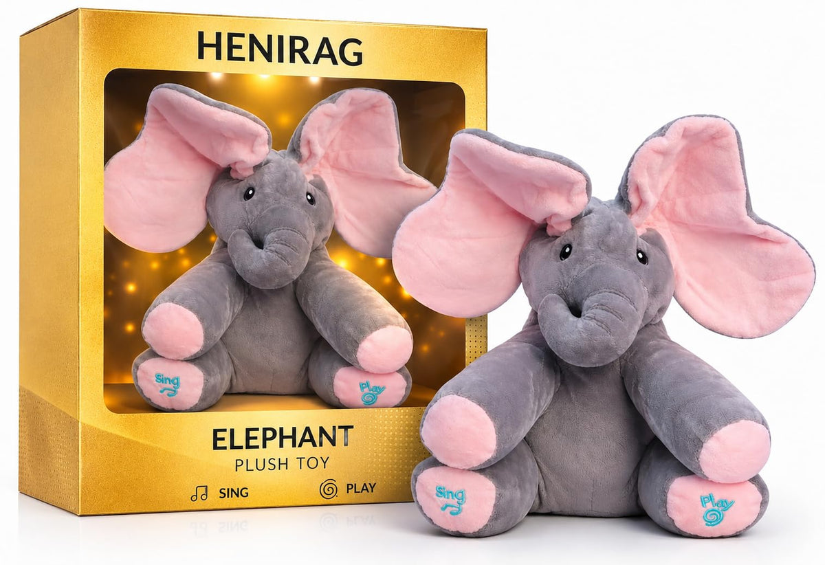 HENIRAG Elephant Soft Toy with Moving Ears and Music Button, Peekaboo Plush Toy for Babies PeekaBoo Toddlers and Kids Musical 