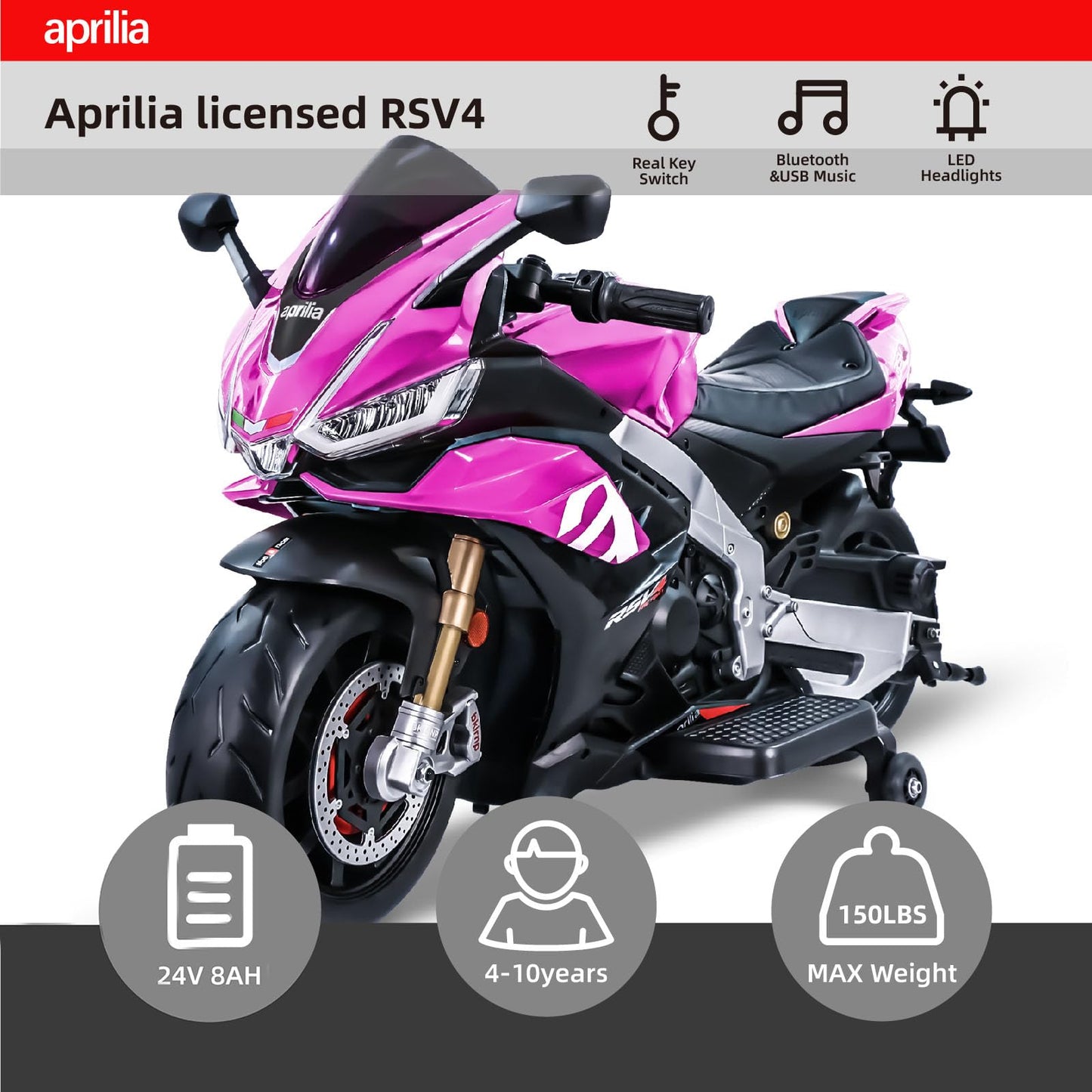 TCARAIWEN Aprilia Licensed 24V Kids Electric Motorcycle, Max Speed 10mph Ride-On Motorcycle with Training Wheels, Key Switch and