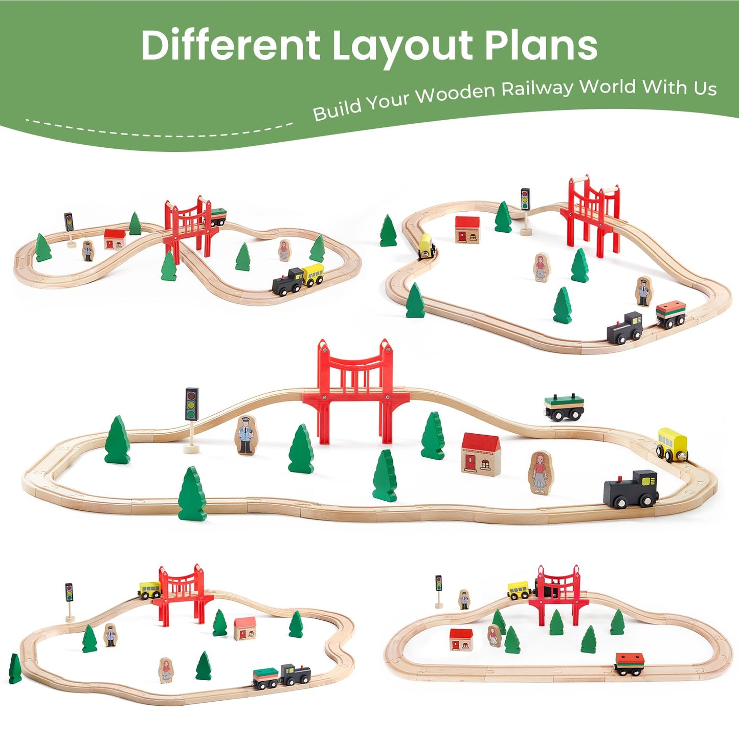 Tiny Land Wooden Train Set For Toddler - 39 Pcs- With Wooden Tracks Fits Thomas, Fits Brio, Fits Chuggington, Fits Melissa And D
