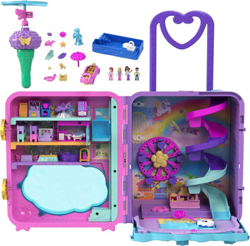 Polly Pocket Pollyville Playset - Resort Rollaway Suitcase with 4 Dolls, Car, 25+ Accessories, Multicolor, Medium Size, Model HKV43