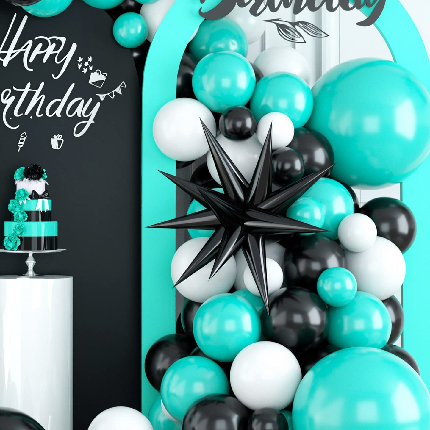 Wpensky Teal Balloon Arch Kit - PVC Teal Black Garland with Silver Foil Stars for Birthday, Wedding, Baby Shower, Graduation Party