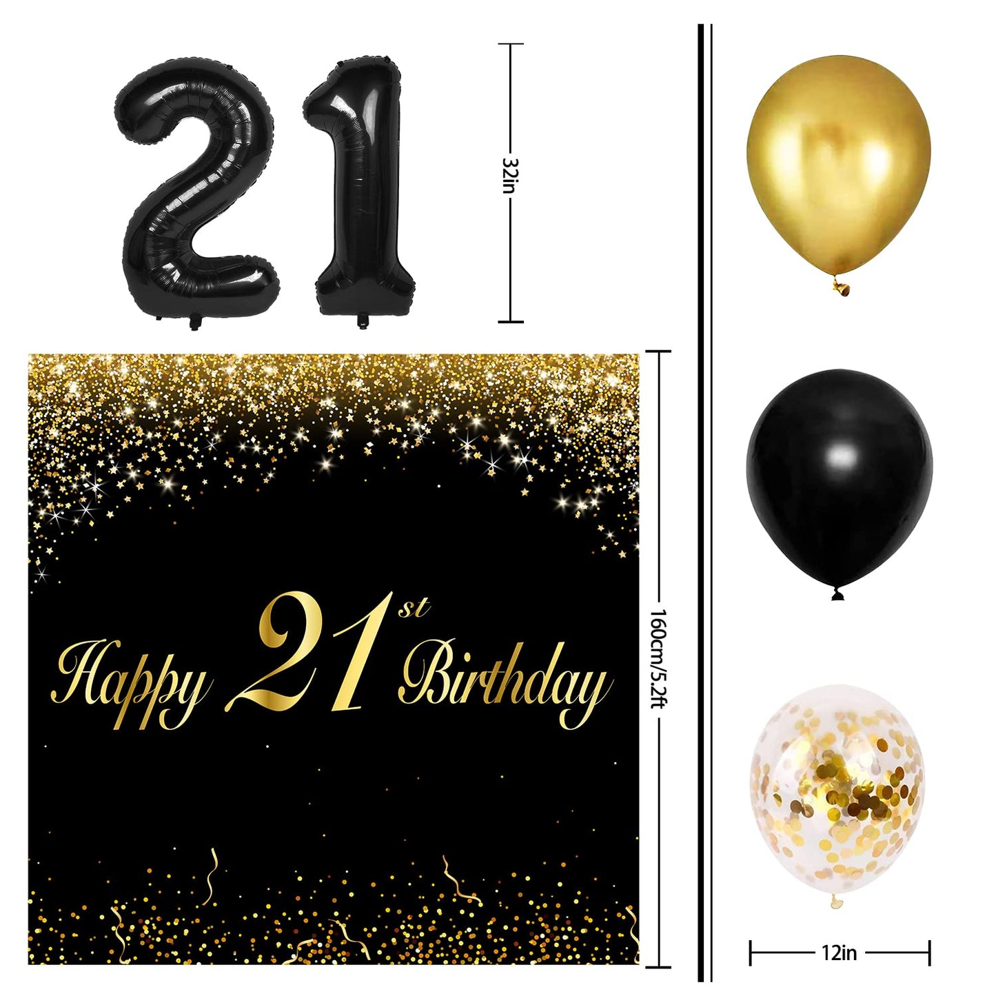 Happy 21St Birthday Balloons Black Set Decor - Cheers To 21 Years Old Party Theme Garland Banner Backdrop Decorations For Women