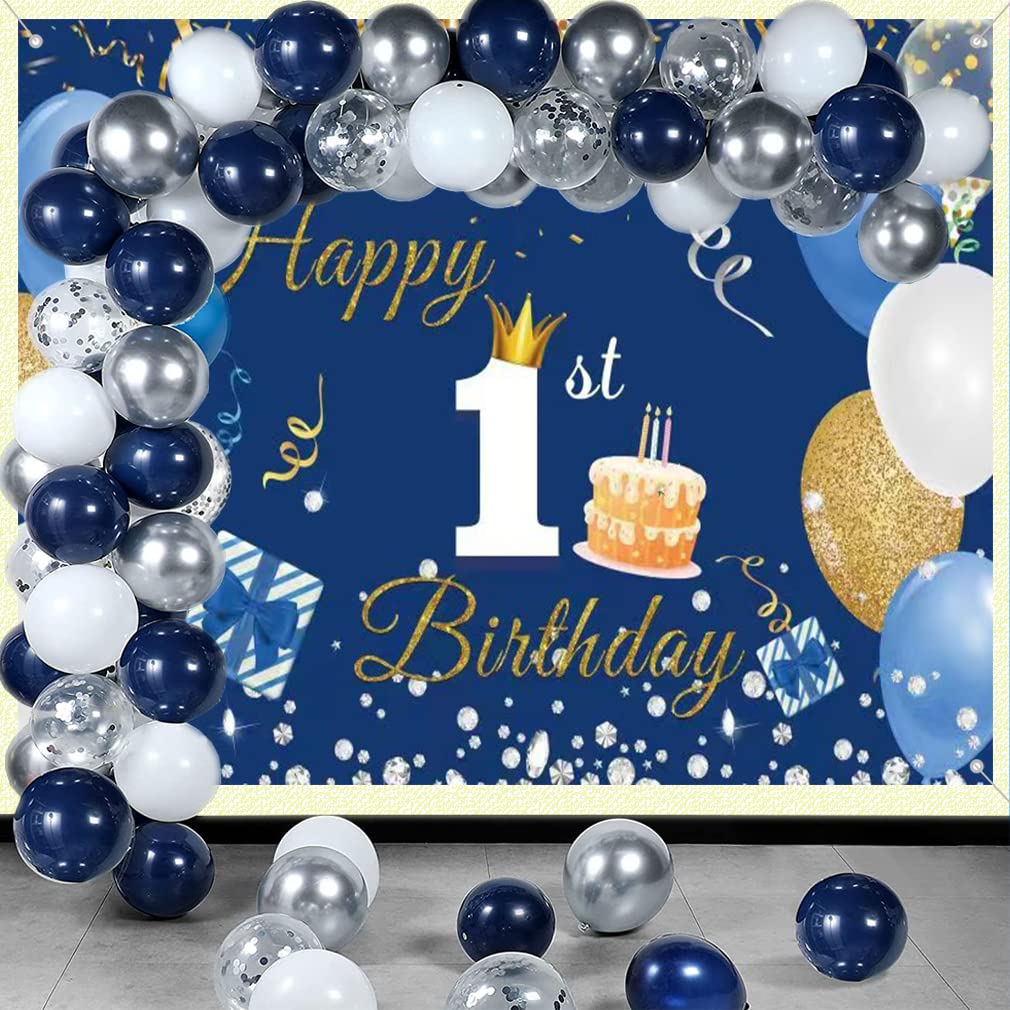 1st Birthday Decorations Happy 1st Birthday Backdrop Party Banner for Boys/Girls Happy 1 Year Old Fabric Sign Poster, Blue Photo