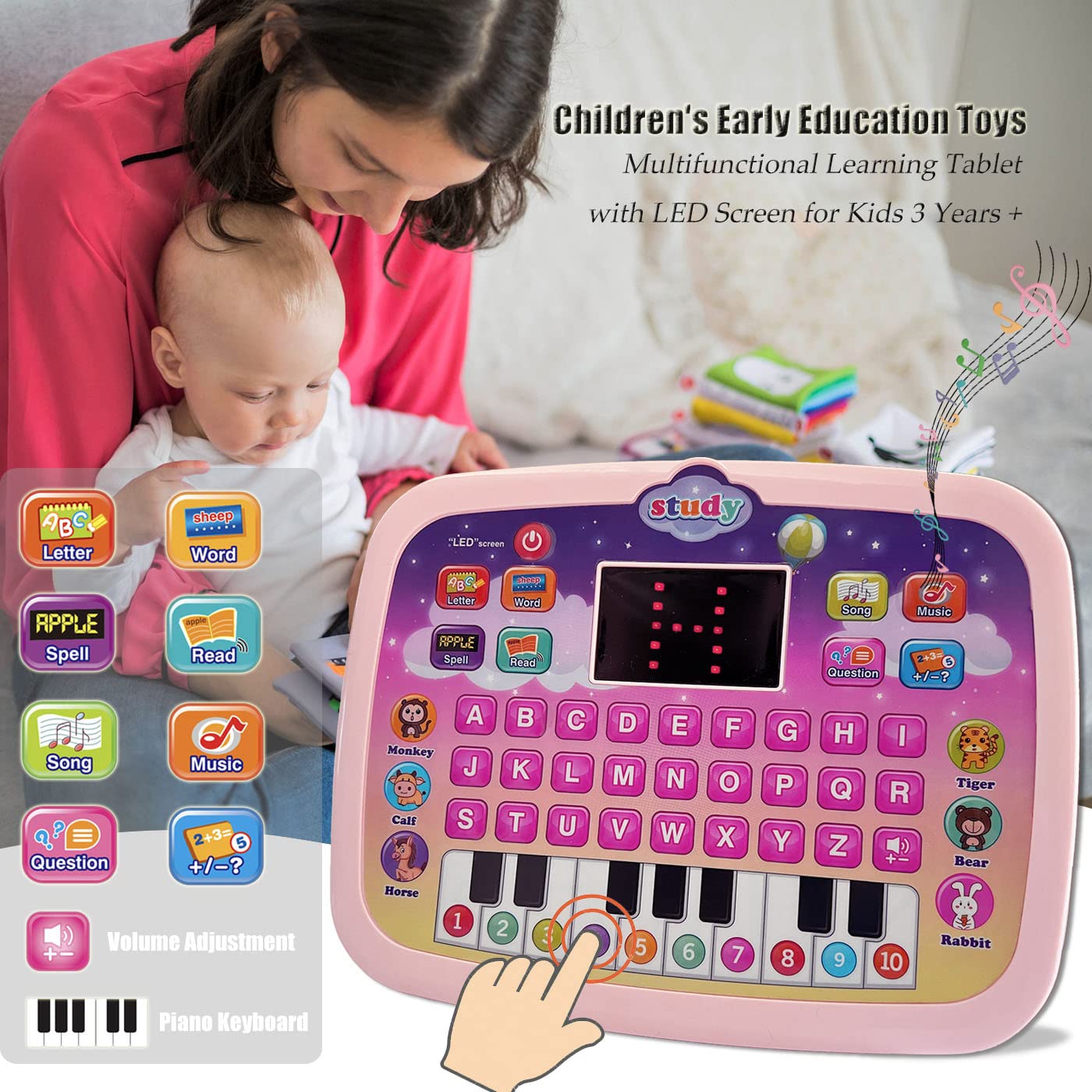 Wenbeier Kids Tablet Toddler Learning Pad With Led Screen Teach Alphabet Numbers Word Music Math Early Development Interactive E