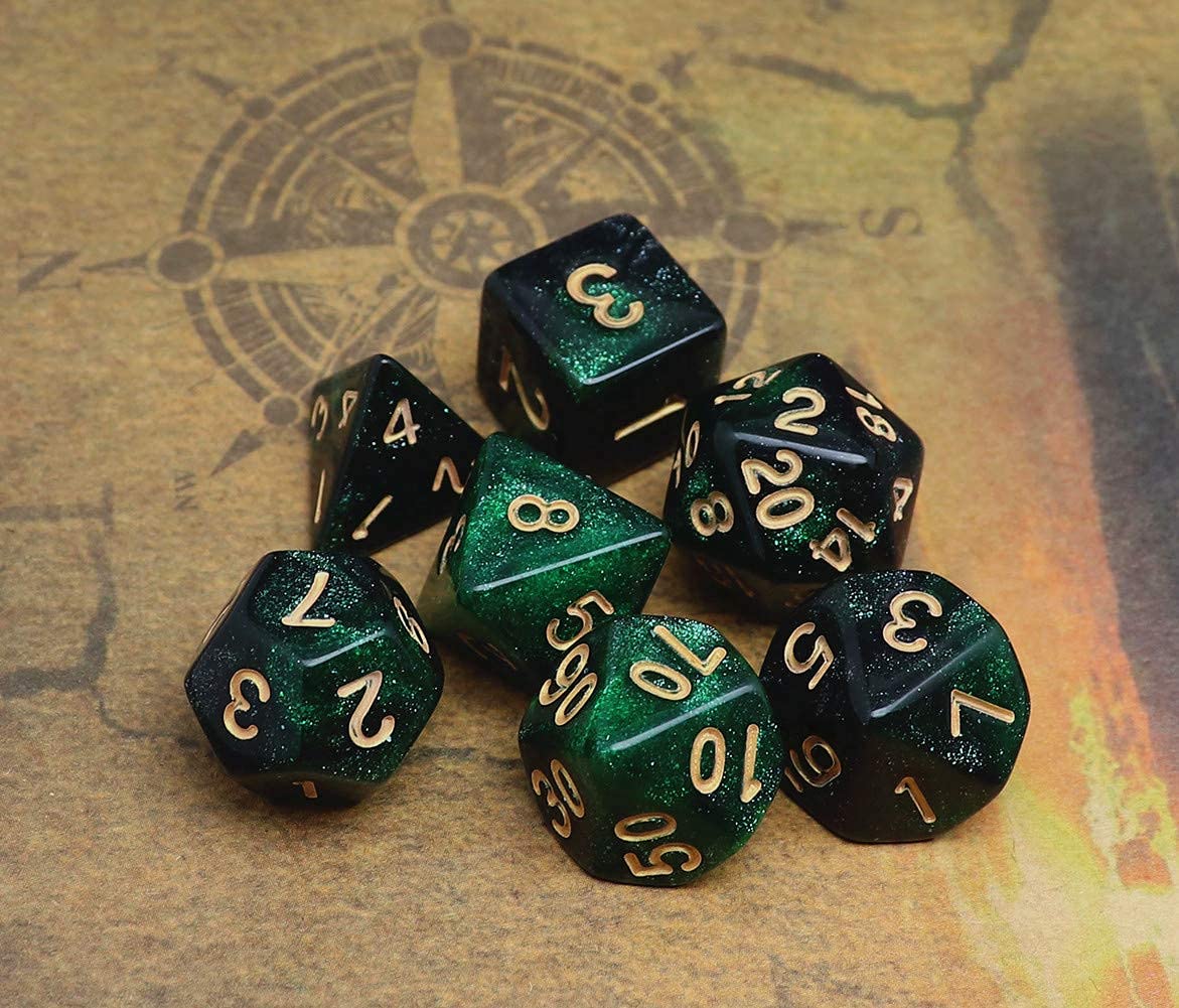 CREEBUY Polyhedral DND Glitter Dice Set - Black Mixed Green Nebula Acrylic for RPG Games
