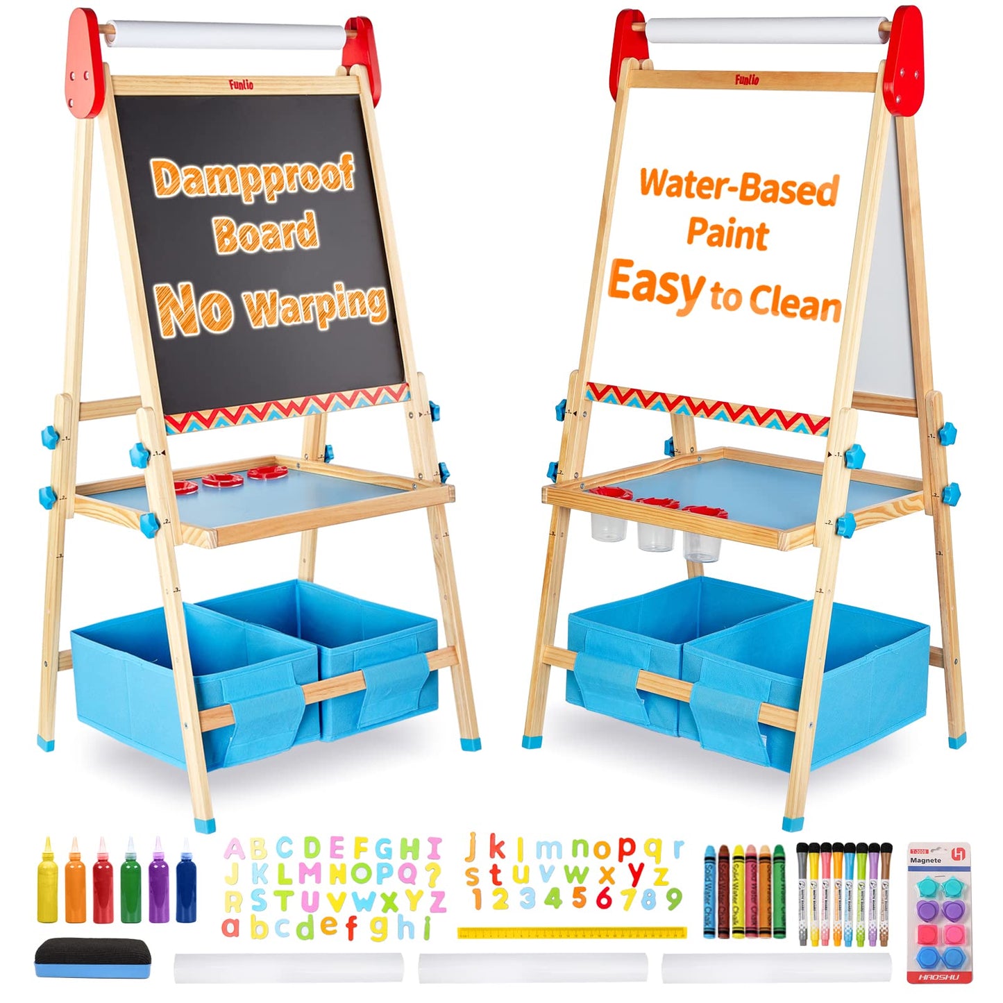 FUNLIO Anti-Warping Kids Art Easel, 3 Height Adjustable for Kids Aged 2-8, All-in-One Toddler Easel with Paper Roll & Erasable F