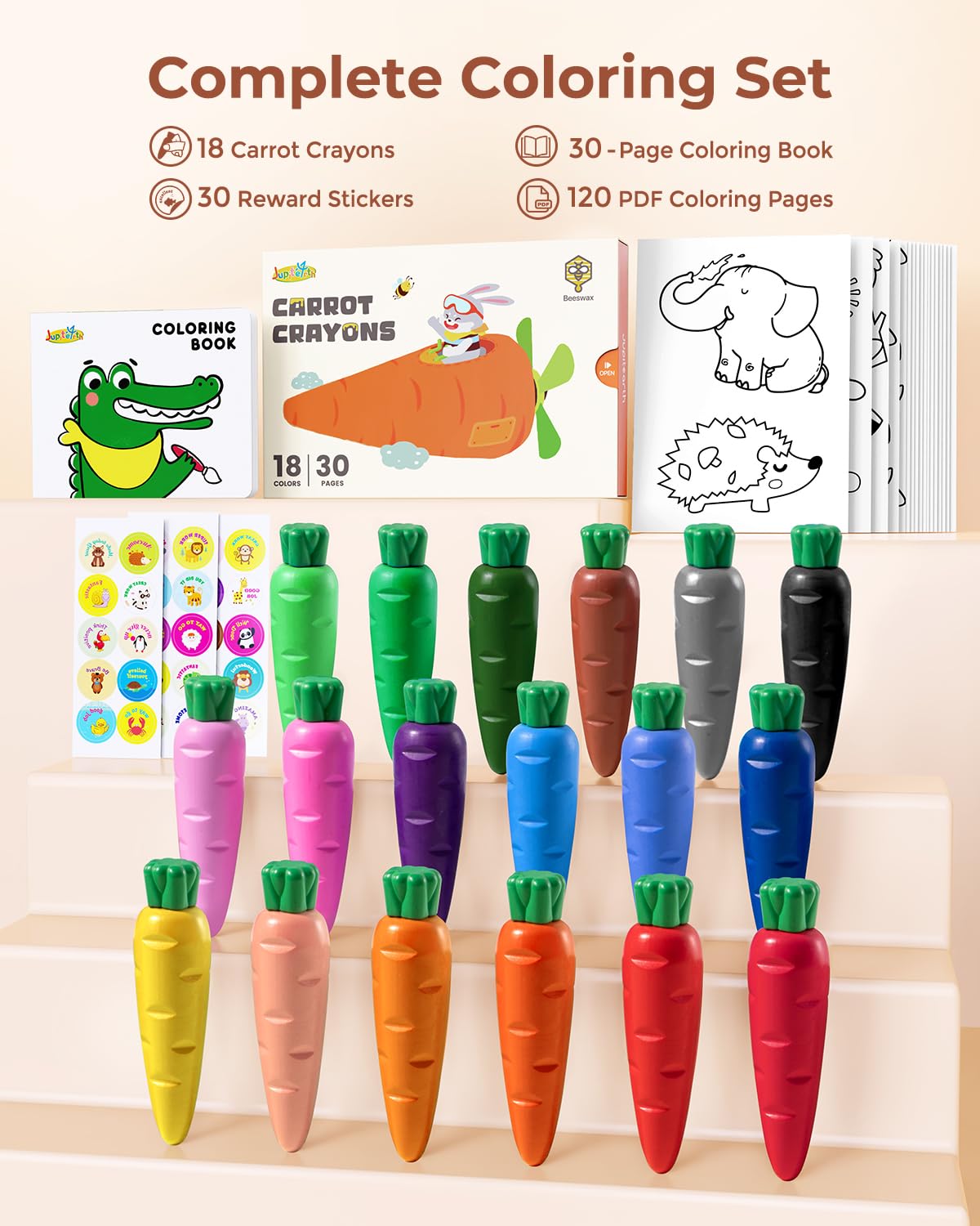 JUPITEARTH Beeswax Crayons for Kids, 18 Colors, Non-Toxic, Carrot-Shaped, Includes Coloring Book & 120 PDF Pages, Mess-Free Art Supplies