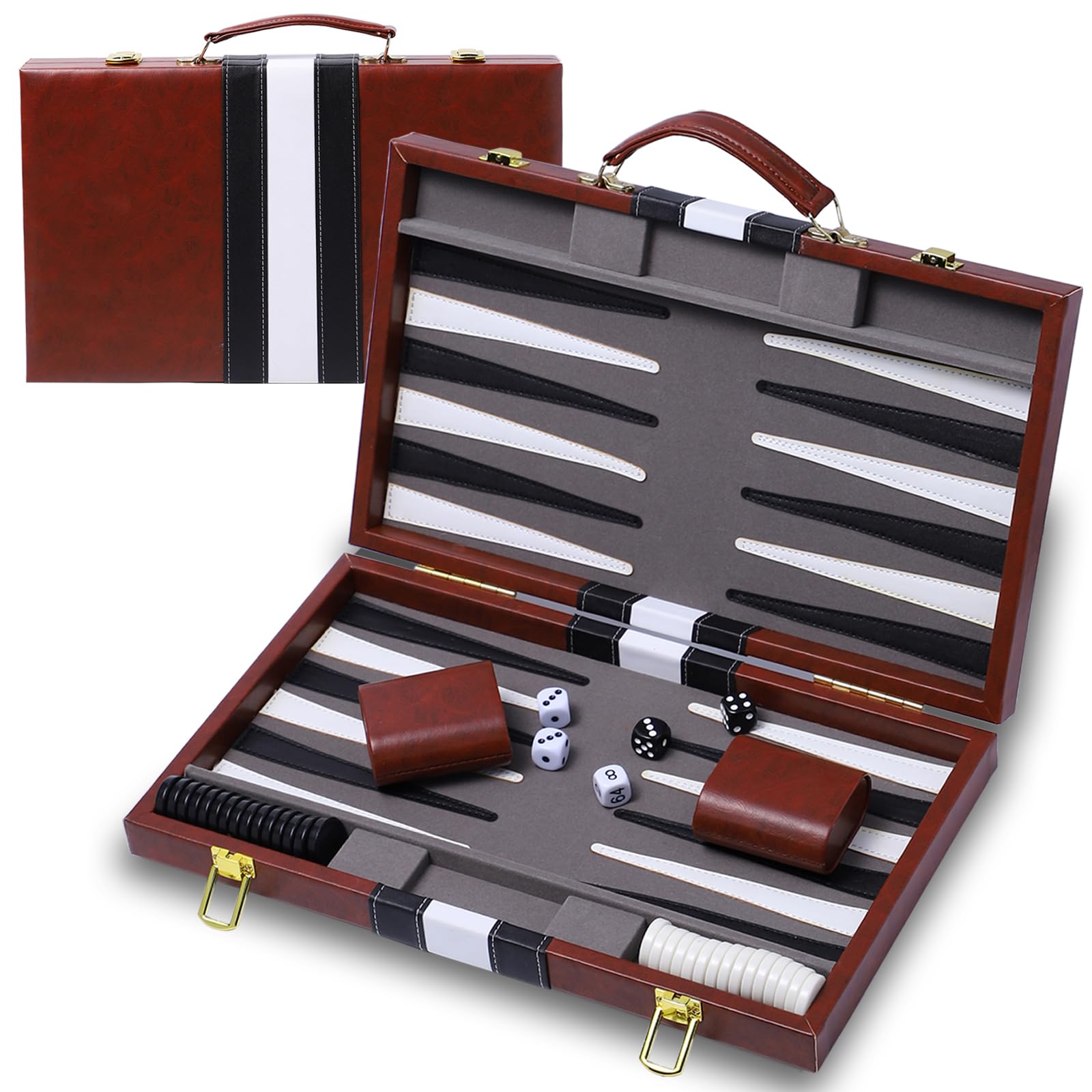 Backgn Sets for mature-themeds 15 Inch Backgn Brown Sets Classic Board Game with enhanced Leather Case  Portable Travels Strategy Backgn Game Set for mature-themeds  Kids (Brown)