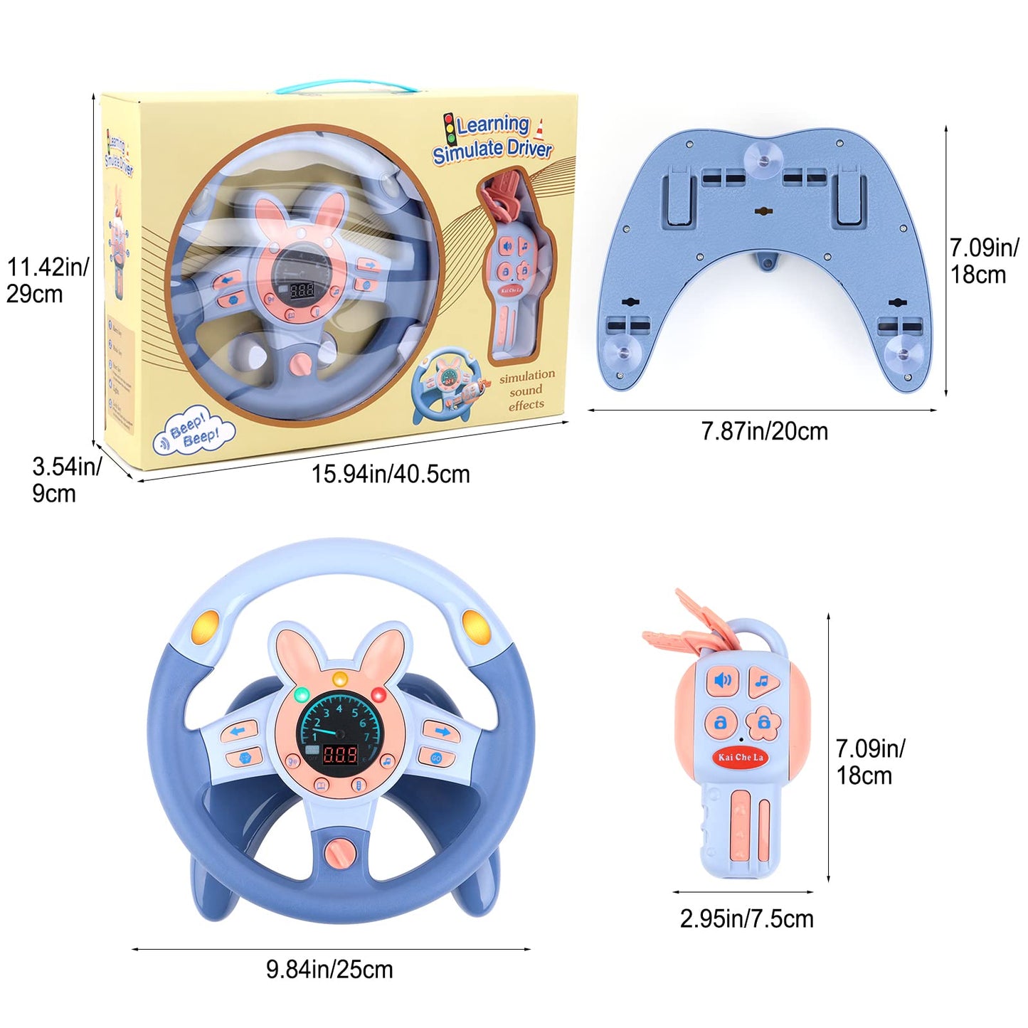 deAO Kids Steering Wheel Toy - Simulated Driving with Light & Music, Large, Blue, Model: deAO