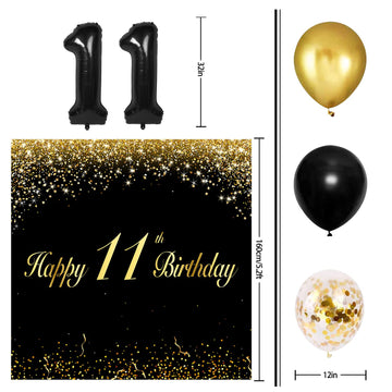Happy 11Th Birthday Balloons Black Set Decor - Cheers To 11 Years Old Party Theme Garland Banner Backdrop Decorations For Boy An
