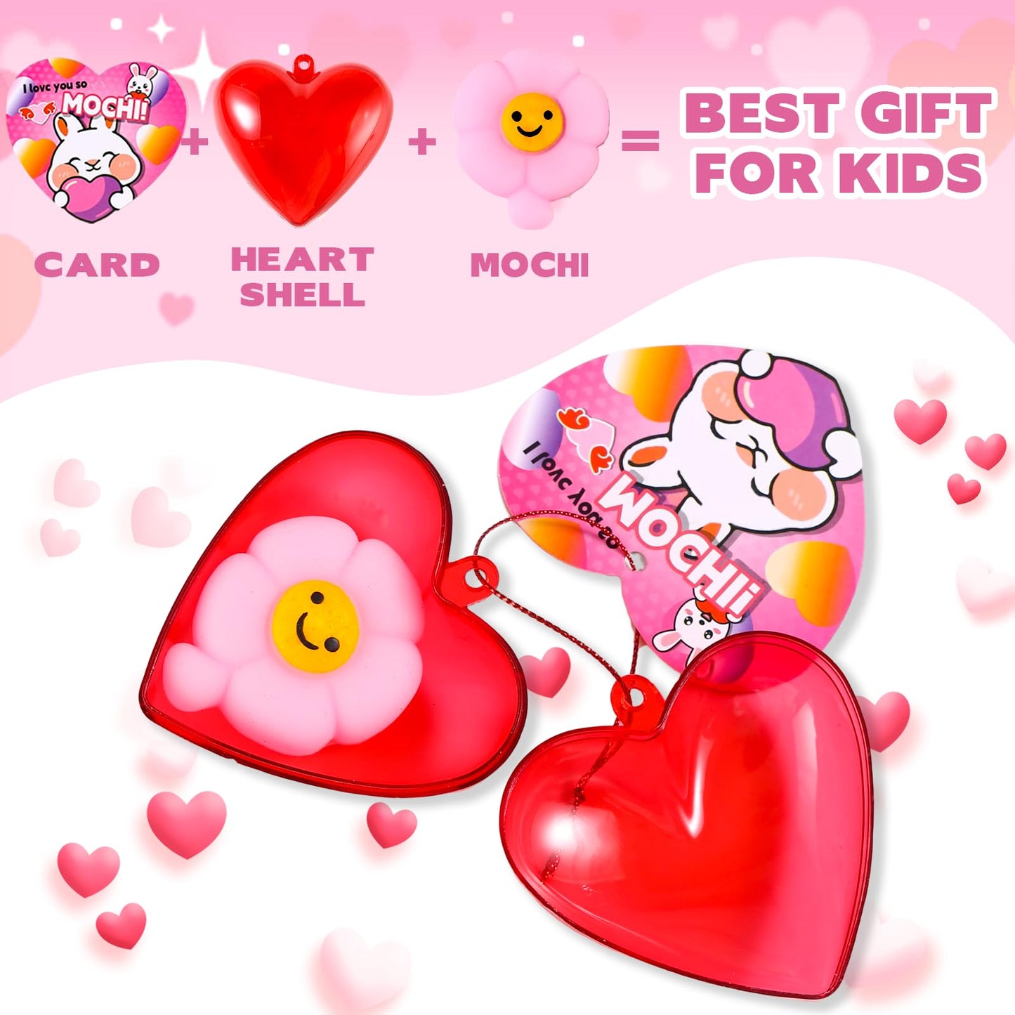 28 Pack Valentines Day Gifts for Kids  Valentine Mochi Squishy Toys Filled Hearts with Valentine Cards for Kids School Classroom Exchange Prizes Valentine Party Favor Toy Exchange Greeting Card