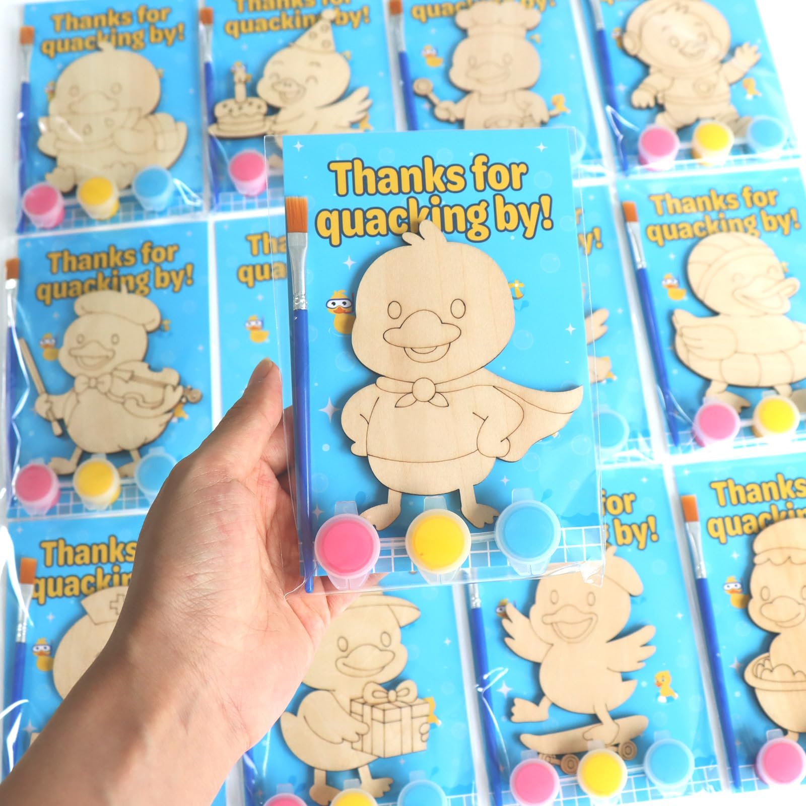 12 Pack Duck Party Favors for Kids - Individually Wrapped Paint Your Own Wooden Magnet Craft Kits with Thank You Card, Duck Birt
