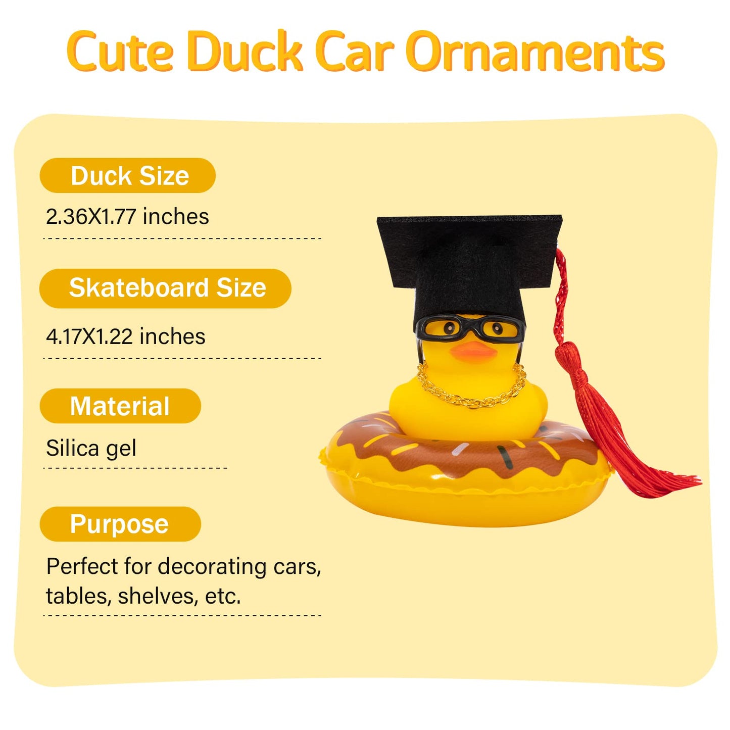 Wonuu Car Rubber Duck, Yellow Duck Decoration Dashboard With Sun Hat Swim Ring Necklace Sunglasses For Car Dashboard Decorations, Black Top Hat Red-Donut