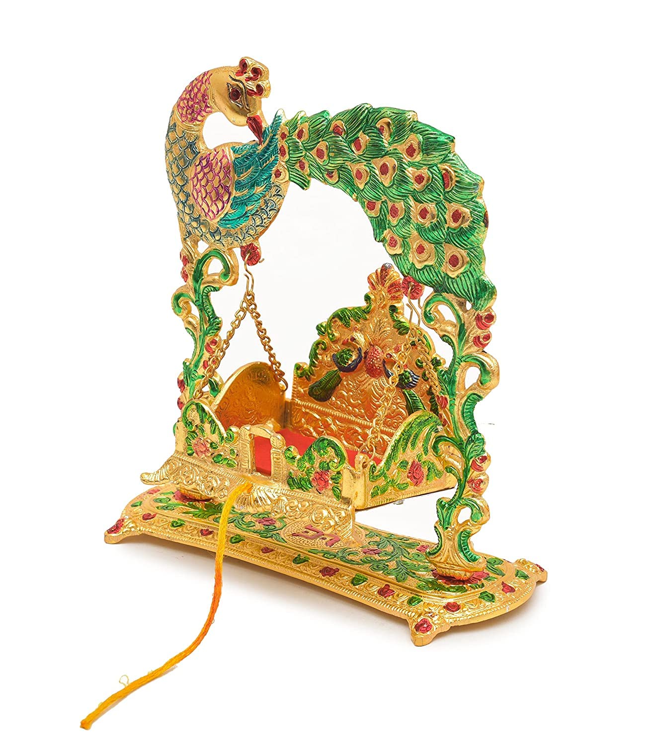 RAAVEE gifts Metal Laddu Gopal Jhula Palna for Laddu Gopal Ji, Nand Gopal Swing Palna with Peacock Design Decorative Showpiece,