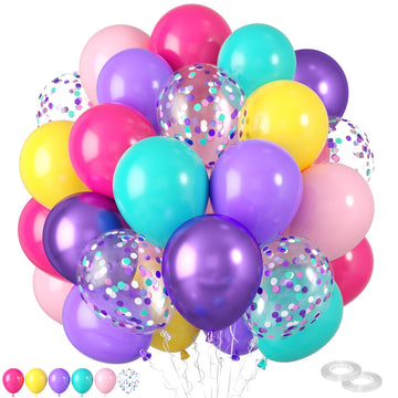Pink Blue Purple Balloons,60 Pcs 12 Inches Rose Red Pink Purple Teal Yellow Metallic Purple Balloons Confetti Balloons For Kids