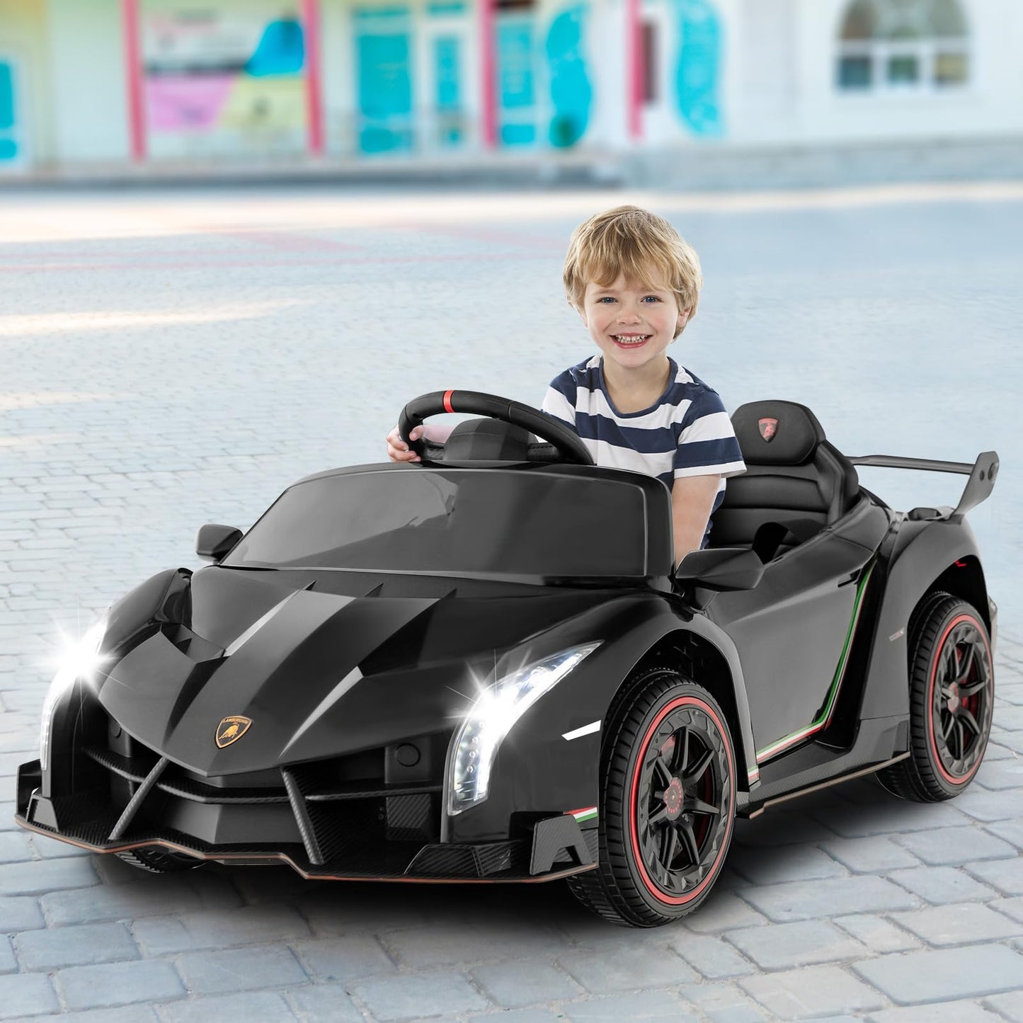 Olakids 2 Seater Kids Ride On Car, 12V 4WD Electric Lamborghini Veneno, Black, 44’’ x 24’’ x 18’’, Remote Control, Music