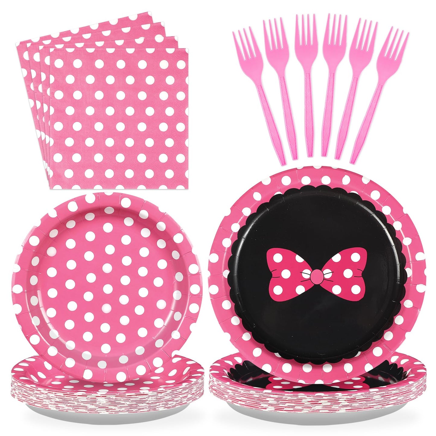 96Pcs Pink Mouse Party Supplies Xmas Cartoon Mouse Paper Plates and Napkins Tableware Sets Pink White Polka Dot Bow Decorations 