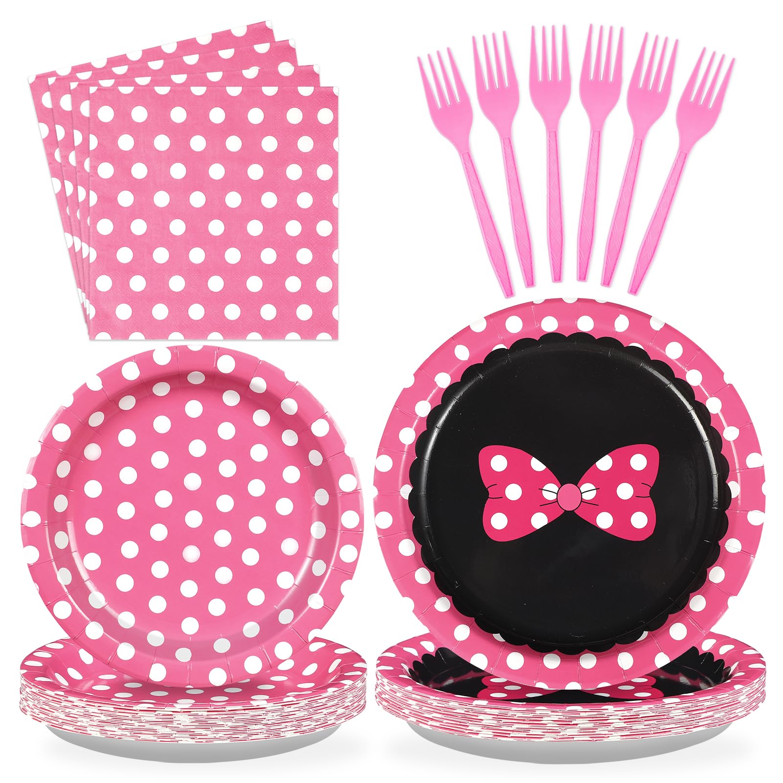 96Pcs Pink Mouse Party Supplies Xmas Cartoon Mouse Paper Plates and Napkins Tableware Sets Pink White Polka Dot Bow Decorations 