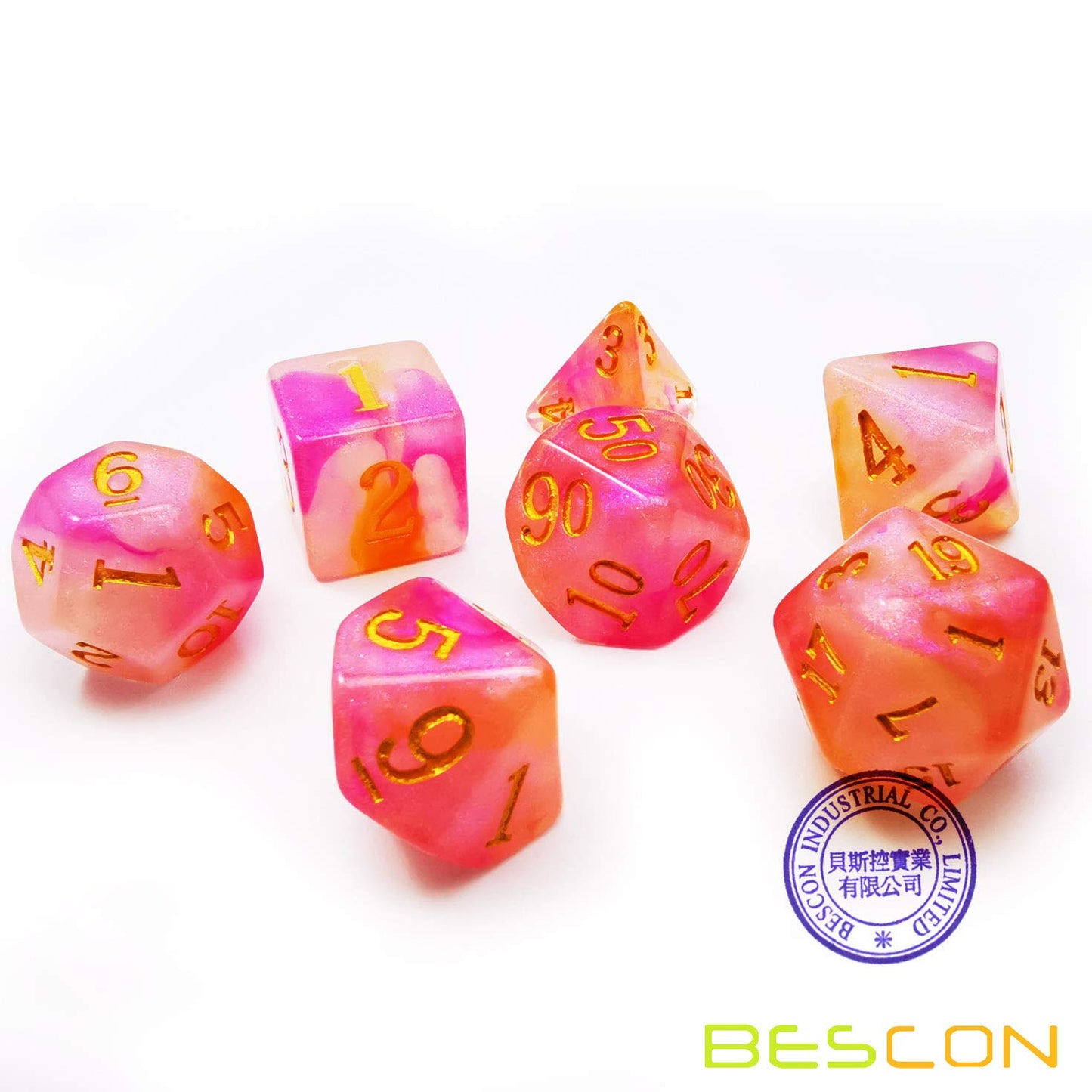 Bescon Magical Stone Dice Set Series, 7pcs Polyhedral RPG Dice Set RoseQuartz, Brick Box Packing