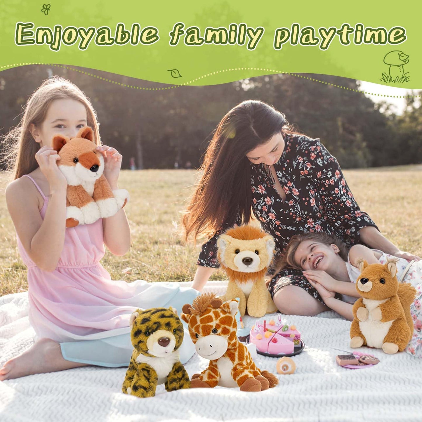 Muiteiur 5 Piece Forest Stuffed Animals,7.1 Inch Cute Jungle Plush Toys, Stuffed Animal Bulk (Tiger,Lion,Fox,Giraffe, Squirrel),
