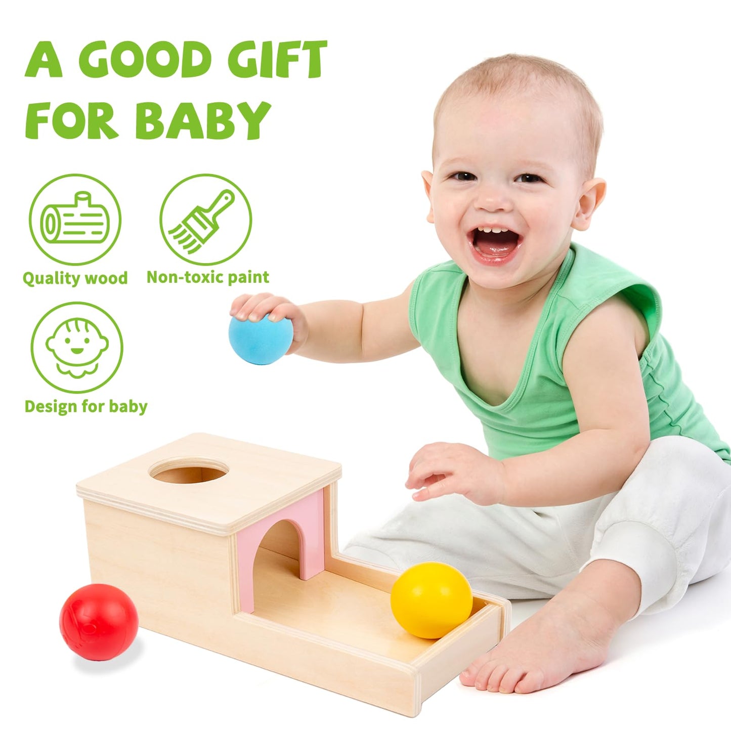 Adena Montessori Object Permanence Box With Tray Three Balls Montessori Toys For 6-12 Months Baby 1 Year Old Infant Toddler (Small Box - For Girl)