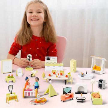 Giant Bean 21Pcs Wooden Plastic Dollhouse Furniture Set, Patio And Babyroom Set, Green Dollhouse Accessories Pretend Play Furnit