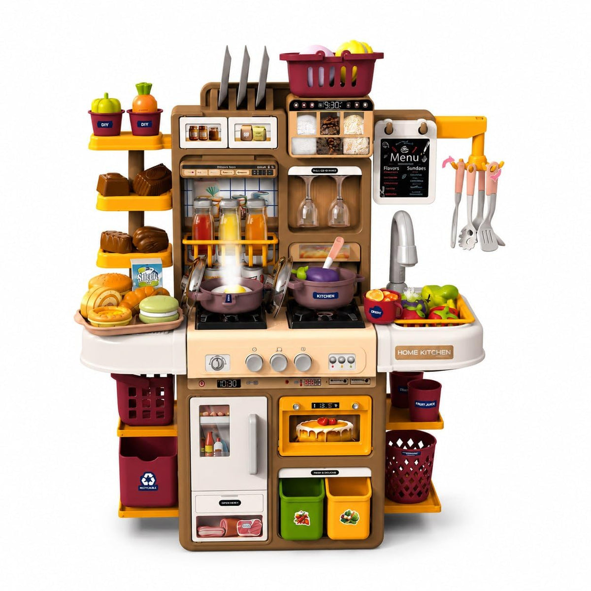 Kids Kitchen Play Set with Music,55 Pcs Recording Toggle, Mist & Stir Fry Sound, Cyclic Water System, Cooking Accessories, Prete