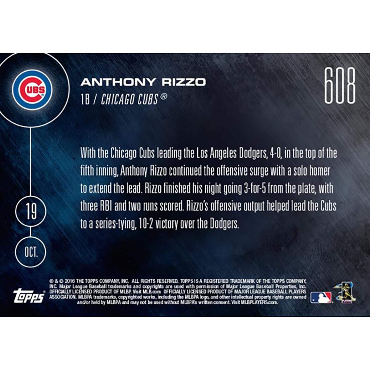 Mlb Chicago Cubs Anthony Rizzo #608 2016 Topps Now Trading Card