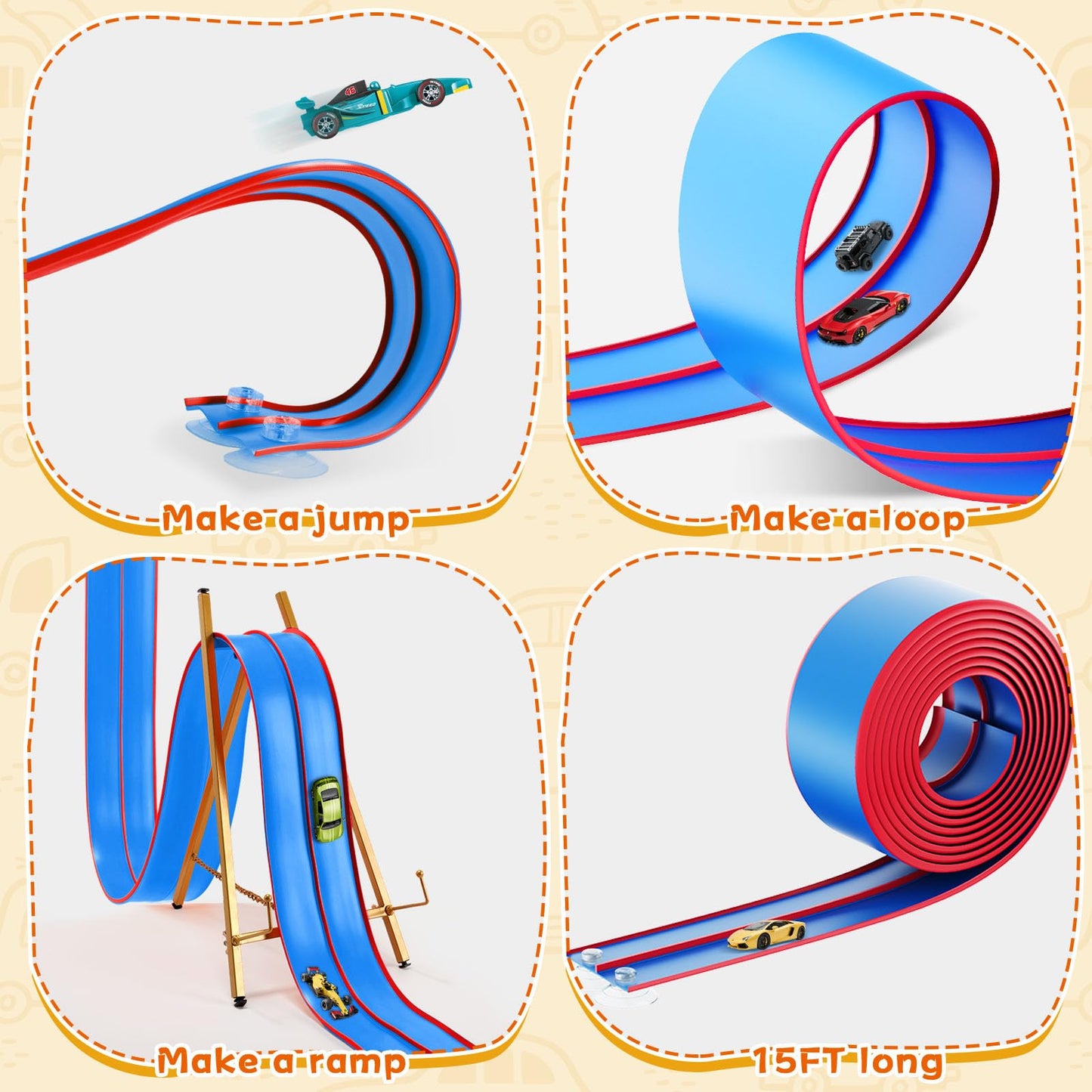 15 Ft Flexible Race Track for Kids - Portable Car Race Track Starter Set with Suction Cups  Rolls Up Easy  Compatible with 1/64 Diecast Cars  Birthday Gift for Boys & Girls Ages 3+ (Blue&Red)