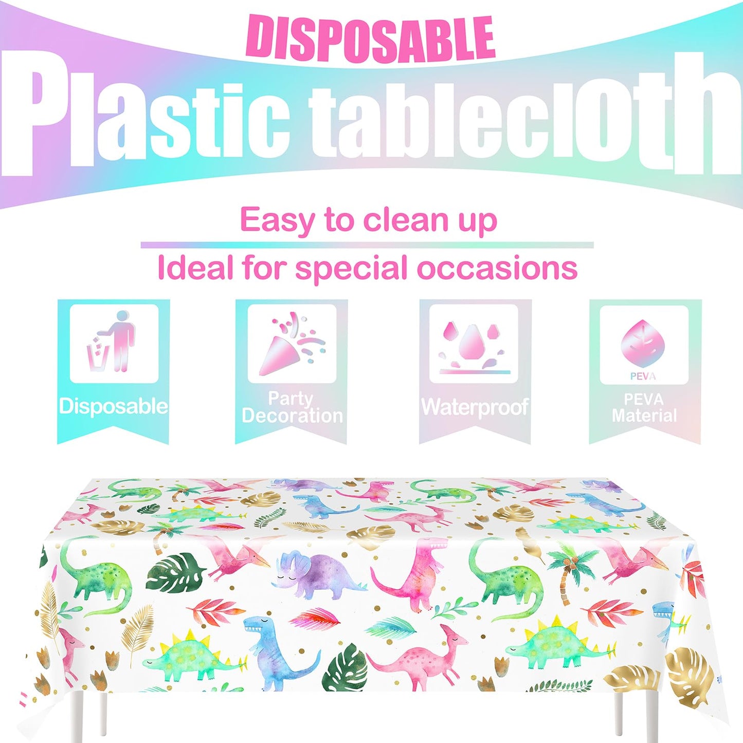 Hapibidesign Girl Dinosaur Birthday Party Tablecloth - Pink Dinosaur Plastic Disposable Table Cover - Girl Dinosaur Party Suppli
