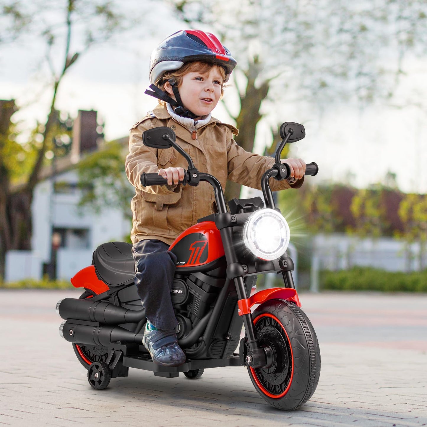 Costzon 6V Battery Powered Toddler Motorcycle, Red, 30"x17"x23", Detachable Training Wheels, Soft Start, Headlights & Music, Model AHL008