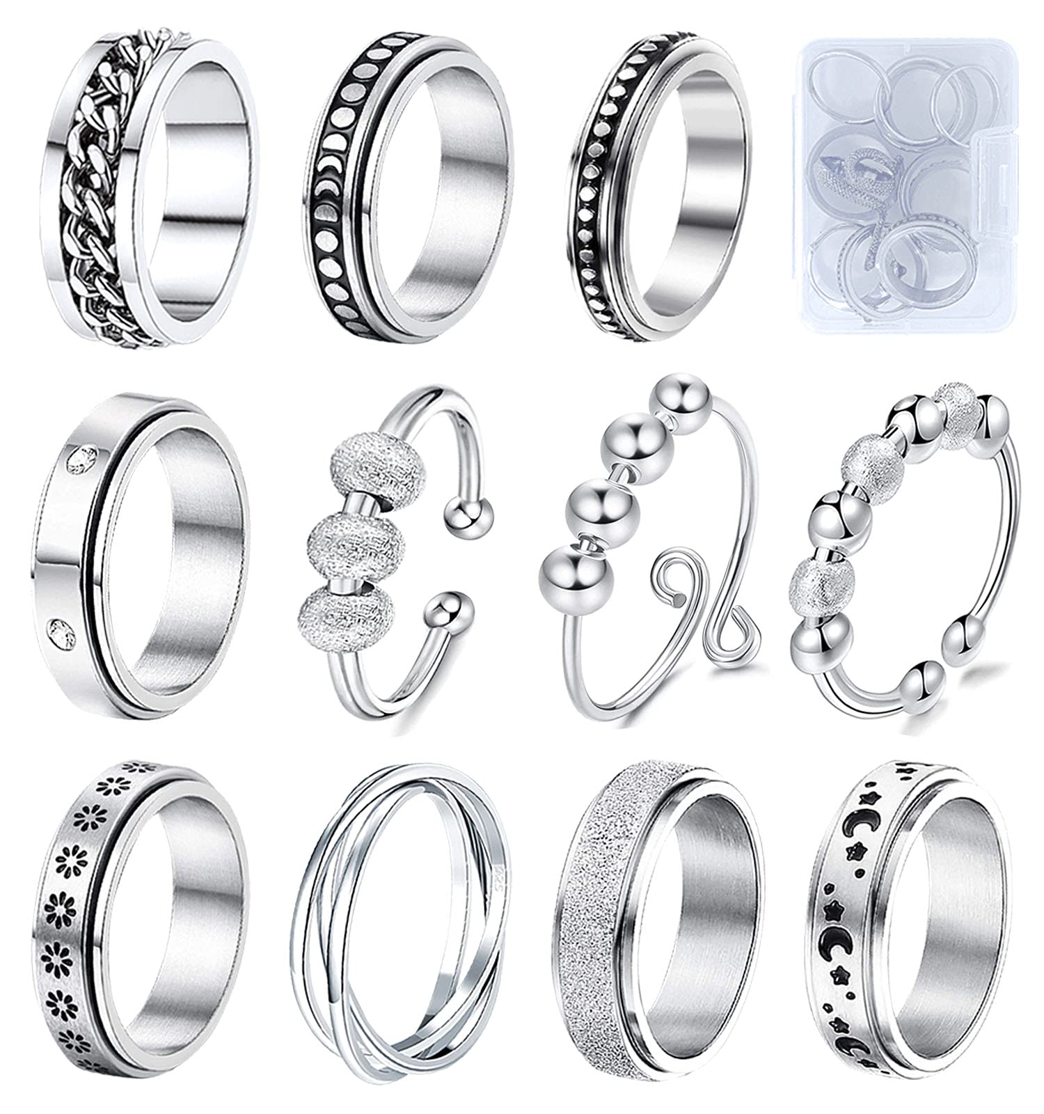 Fidget Rings for Anxiety 8pcs Stainless Steel Spinner Ring Anti Anxiety Ring Spinning Moon Star Cool Stress Relieving Rings for 