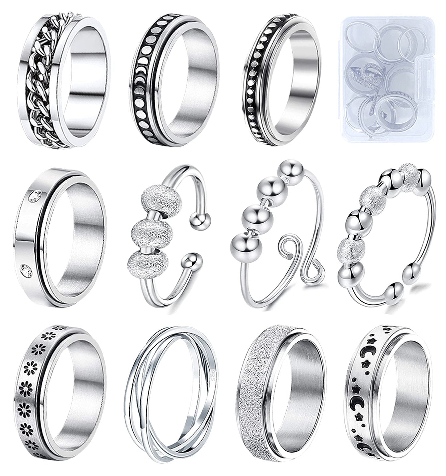 Fidget Rings For Anxiety 8Pcs Stainless Steel Spinner Ring Anti Anxiety Ring Spinning Moon Star Cool Stress Relieveing Rings For