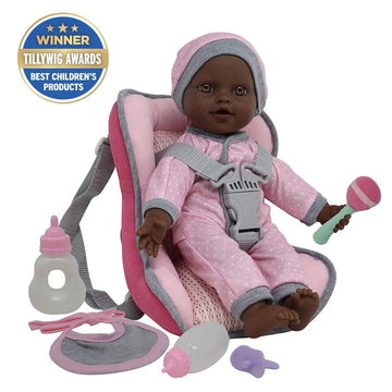 African American Doll Travel Playset - Baby Doll Car Seat Carrier Backpack With 12 Inch Soft Body Doll Includes Doll Bottles And Toy Accessories … (African American)