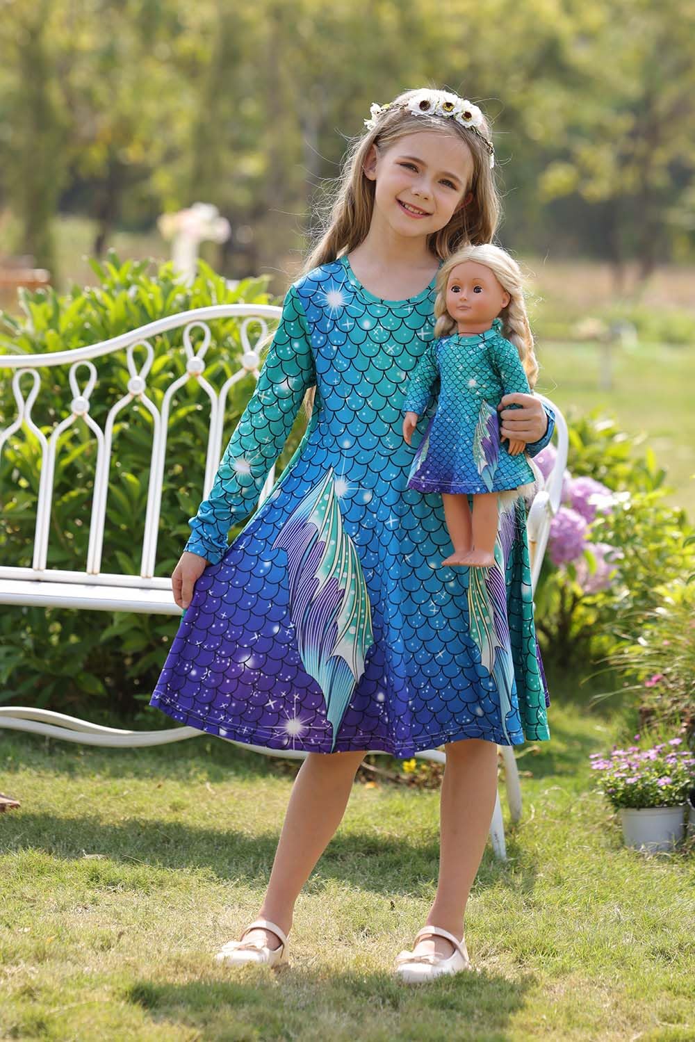 Bow Dream Cute Girl Dress And Matching American Girl Doll Clothes Accessories For Girls Dresses Size 110 Blue Green