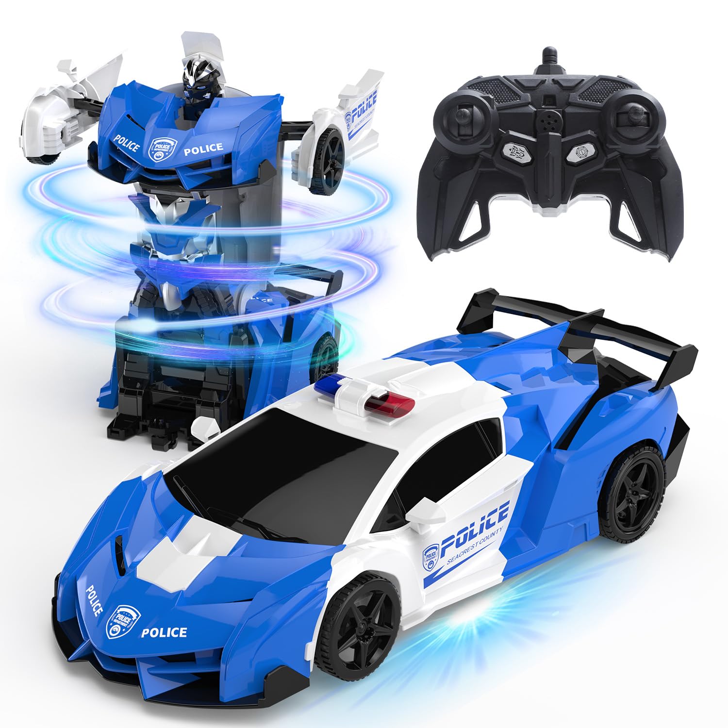 Deerc Transform Remote Control Car,2.4Ghz Robot Rc Cars,1:18 Scale Police Car Toy One-Button Deformation & 360 Rotating Drifting