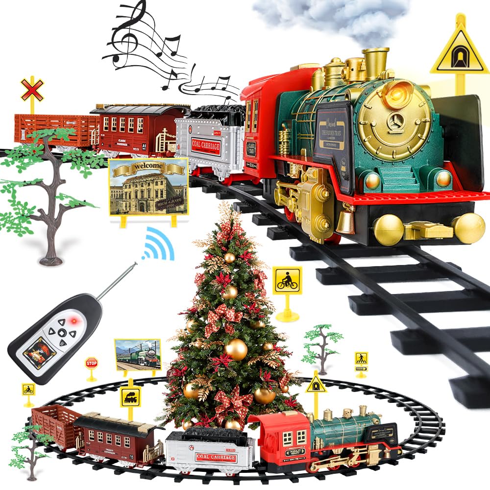 Remote Control Train Set - Electric R/C Train Toy For Kids W/Smokes,Lights & Sound,Railway Kits W/Steam Locomotive Engine,Cargo Cars & Tracks, Christmas Toys For 3 + Year Old Kids