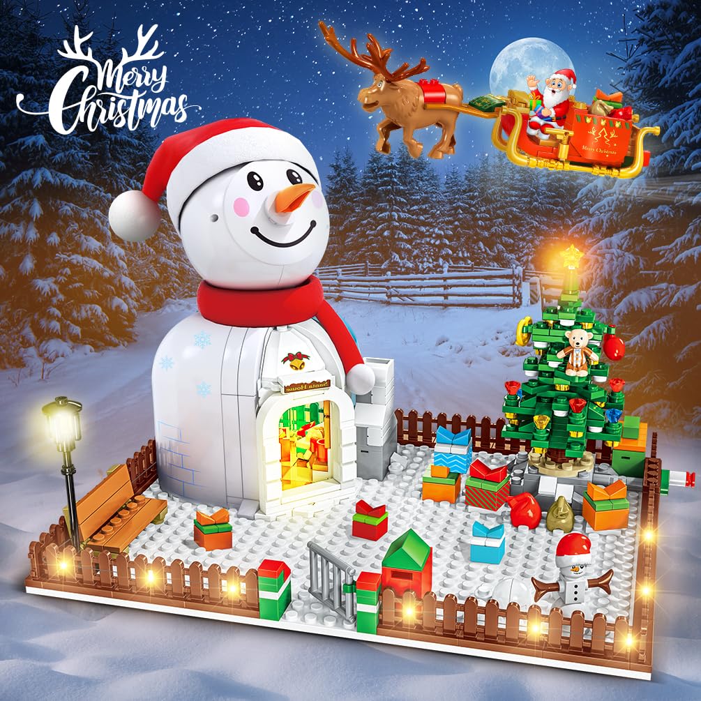 Hogokids Christmas Santa House Building Set With Led Light - 566 Pcs Wintertime Snowman Building Block Kit Xmas Tree Decors Birt