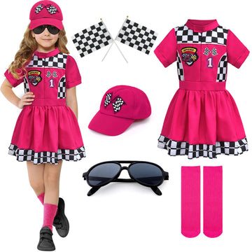 G.C 8Pcs Kids Girls Race Car Driver Costume Toddler Racing Suit Rose Red Racer Dress Costumes Accessories Car Cap Knee Socks Sunglasses Flags Halloween Dress Up Clothes (M(8-9Y))