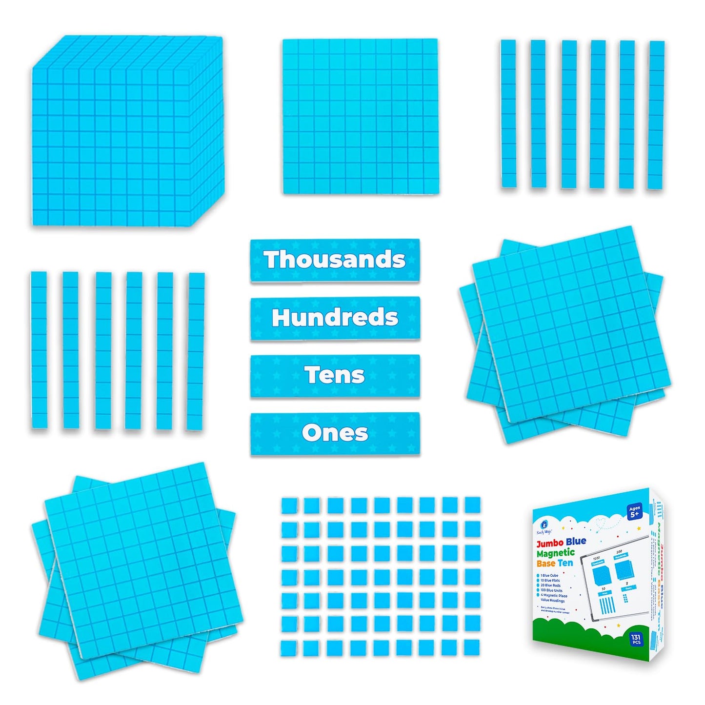 Simply Magic Jumbo Blue Magnetic Base Ten Blocks - 131+4 PCS Math Manipulatives, Foam, Medium Size, Model 20112022