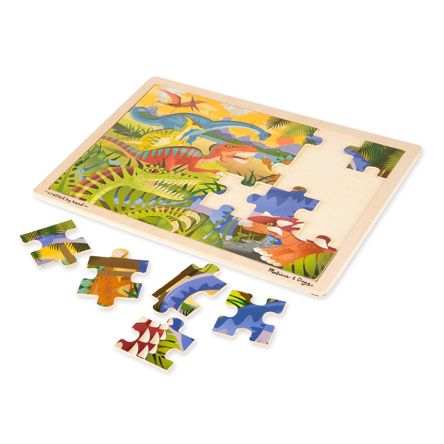 Melissa & Doug Dinosaurs Wooden Jigsaw Puzzle, 24 pcs, Multi-color, 15.7 x 11.7 x 0.4 inches, Model 9066, Includes Storage Tray
