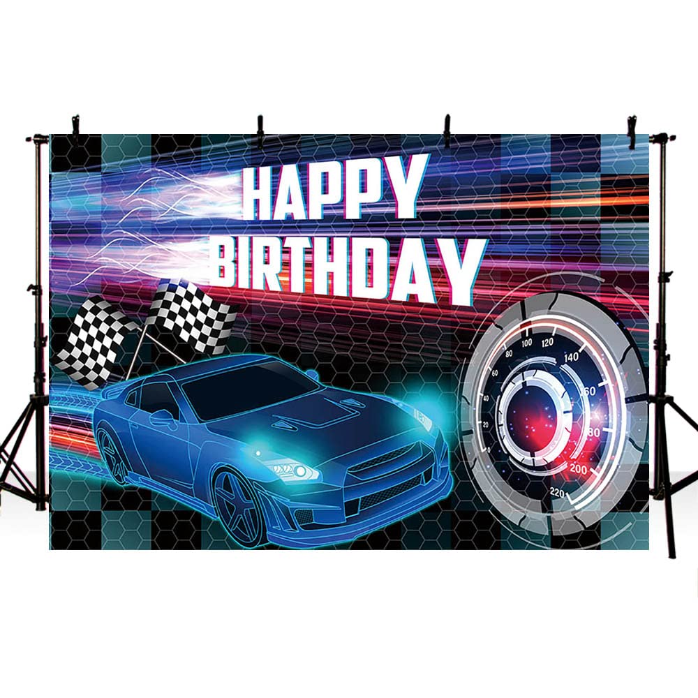 MEHOFOND 7x5ft Vinyl Car Racing Birthday Backdrop, Blue Photo Background for Boys, Model LT-1817