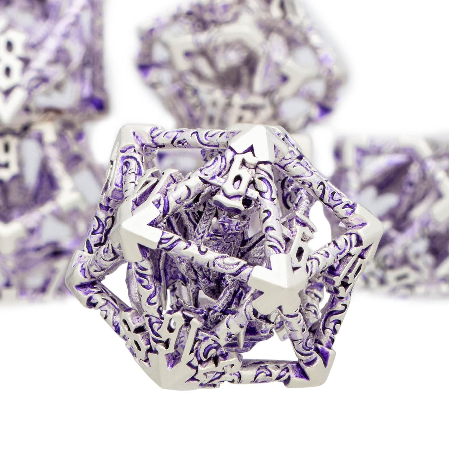 Aruohha Hollow Dnd Dice Set Silver Purple 5-Headed Dragons D And D Dice With Gift Box, Role Playing Games Rpg 7Pcs Dungeons Meta