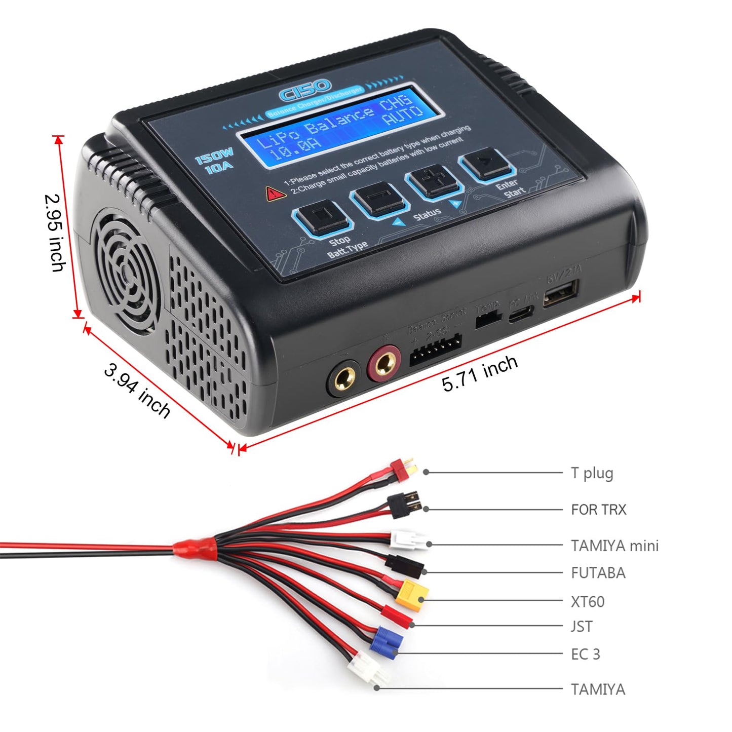 Lipo Battery Charger, 1-6S Balance Charger Discharge 150W 10A AC/DC for Li-Po Li-Hv Li-Ion Li-Fe NiMH NiCd Pb Hobby Battery Char