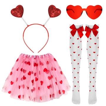 Hikkcos Valentines Cupid Costume Pink Tutu For Women Red Heart Headband And Heart Headband Sunglasses For Halloween Valentine'S