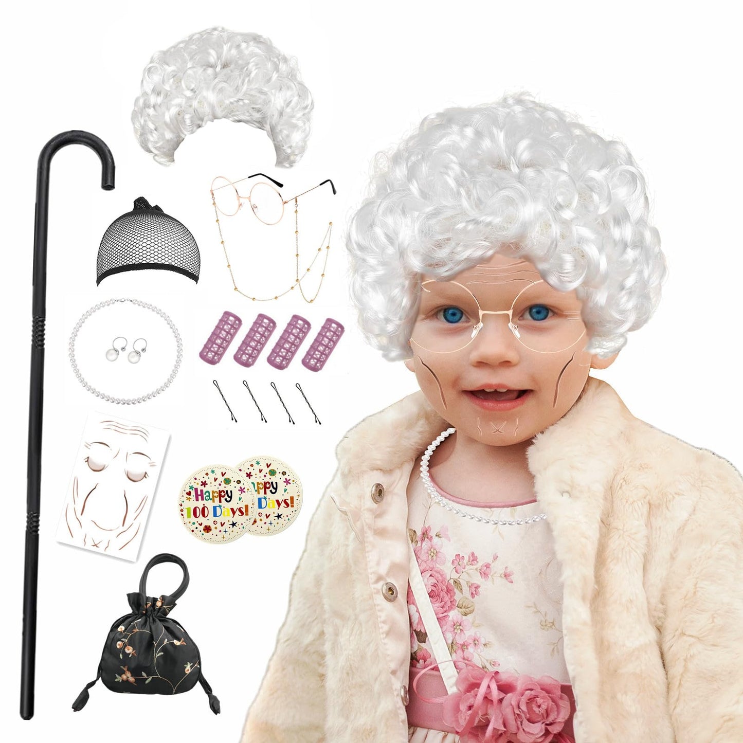 Lfdavp Old Lady Costume Wig For Girls, 100Th Day Of School Kids Granny Wigs 20Pcs (White)