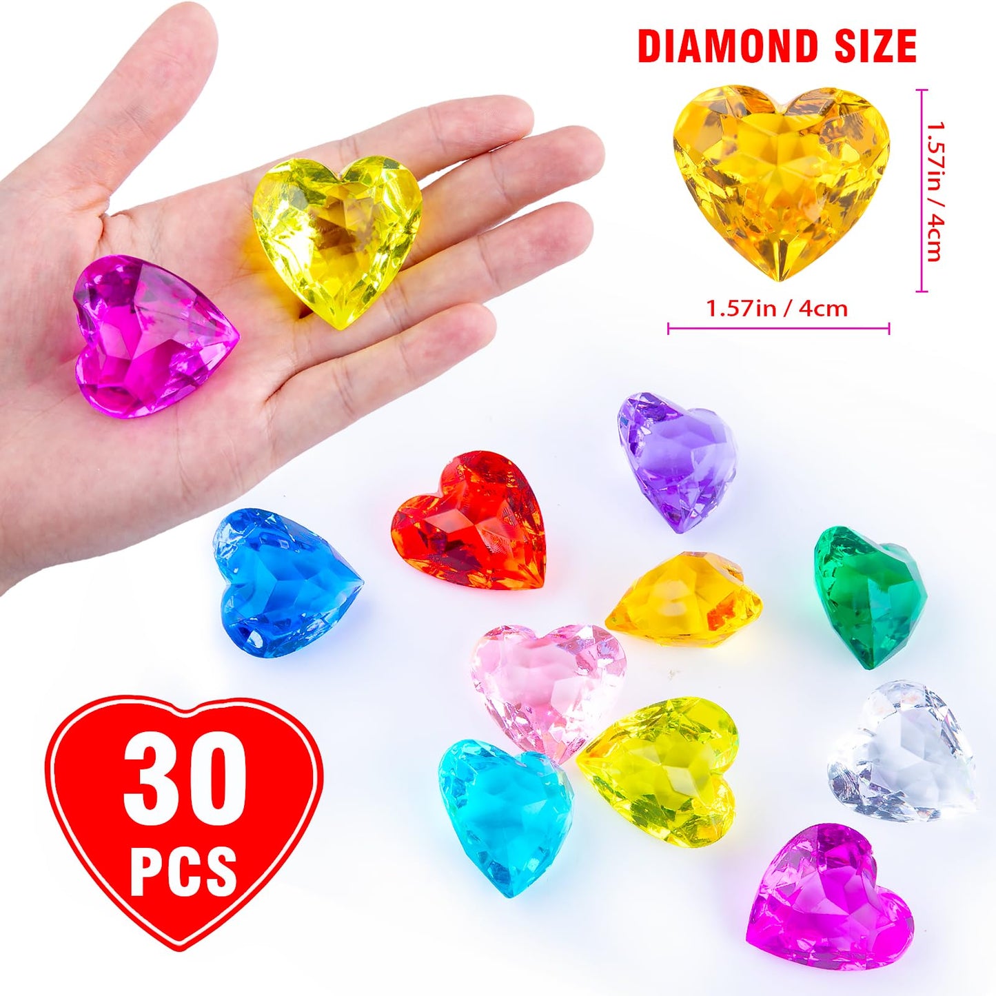 Niceup 30pcs Heart Gemstones Diamond Diving Pool Toys 1.57in Small Crystal Acrylic 3D Gems Heart Shape Gemstones for Mermaid Treasure Hunt Party Favors (Orange)