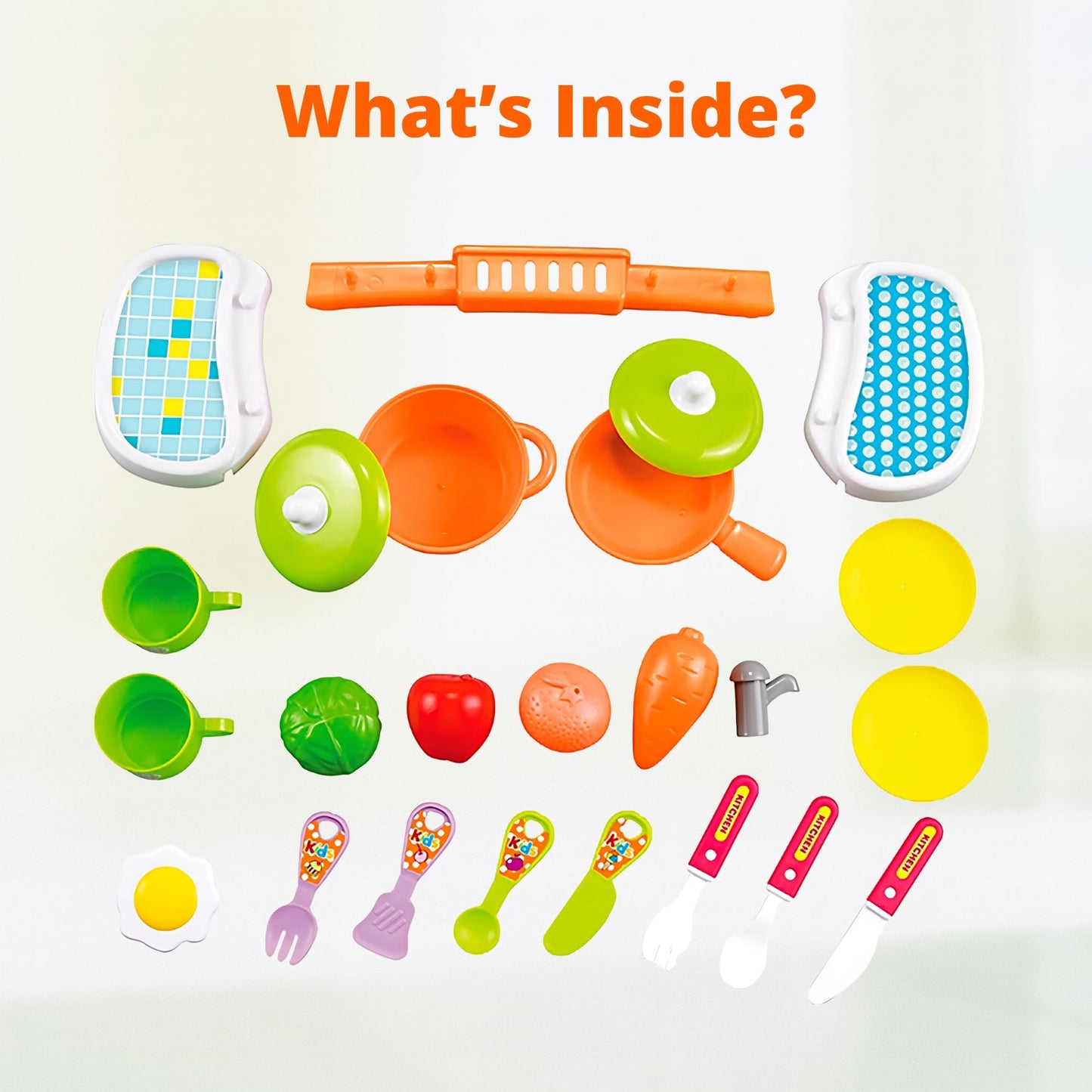 OLEOCA Toddler Kitchen Playset - 25 Piece Portable Set, Toy Food & Utensils, Easy Storage, Blue and Coral, 10.47 x 3.74 x 8