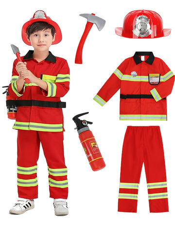 Yolsun Fireman Costume For Kids, Boys' And Girls' Firefighter Dress Up, Fire Fighter With Toy Accessories Set Halloween Role Play(Red,4-5 Years)